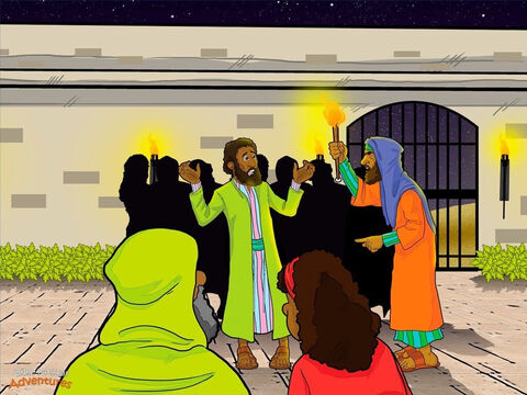 While the religious leaders questioned Yeshua, Peter warmed himself near the fire in the courtyard below. It was early in the morning, but everyone was wide-awake. Servants hurried to and fro. Guards stood at attention. Everyone knew that something was up. A servant girl guarding the gate stared at Peter. “Aren’t you one of Yeshua’s disciples?” she asked. Peter shook his head. “No,” he told her. “I don’t know who you are talking about.” <br/>The servant girl wasn’t sure if she believed Peter. Speaking to the men standing near the fire, she pointed at Peter and said, “This man is a disciple of Yeshua from Galilee.” So they asked him, “Are you one of His disciples?” Again, Peter shook his head. “No, I am not,” he said. A little while later, another servant came up to Peter and said, “I saw you in Gethsemane with Yeshua. You must be one of His disciples.” Peter turned to the servant angrily. “Look,” he said. “I do not know this man!” <br/>Out of the darkness, the Temple Crier’s voice echoed over the city. “All the priests prepare to sacrifice. All the Israelites come to worship.” Peter looked up and froze. Across the courtyard, the guards were leading Yeshua away. At that moment, Yeshua turned and stared straight at Peter. And Peter remembered what He had been told. “This day before you hear the Temple Crier, you will deny knowing Me three times.” – Slide 13