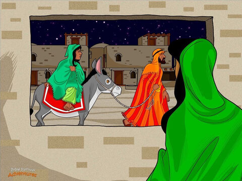 After a long journey, Mary and Joseph finally reached the gate of Bethlehem. People welcomed them with open arms. “Shalom, shalom,” they cried. “Barukh haba! Welcome!” <br/>Joseph knew God’s Fall Appointed Times were about to start. Homes would soon be filled with guests. They needed to find a room fast. He trudged wearily through the crowded streets, looking for a place to stay. <br/>Glowing oil lamps lit the homes of Bethlehem. Grey wisps of smoke curled high in the air. Soon Joseph found a place to stay. Because the upper room was full of people, Mary and Joseph were given space downstairs near the animals to sleep. <br/>Mary rubbed her stomach and smiled. She was grateful for somewhere to stay. She sat in the courtyard, watching the women bake bread over the crackling fire. The Day of Trumpets was about to begin and the villagers had plenty to do. Mary could feel the excitement in the air. – Slide 5