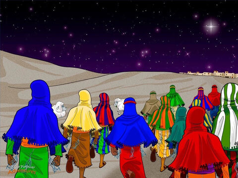 All at once, the sky lit up with an army of angels praising God and singing, “Glory to God! And on earth, peace and goodwill among the people!” <br/>The shepherds shook their heads in amazement. “Well, what are we waiting for?” they asked one another. “Let’s go and see the Messiah!” <br/>They hurried to Bethlehem and found the place where Mary and Joseph were staying. The baby boy was fast asleep in a manger, just as the angel had told them. <br/>Staring down at the sleeping baby, the shepherds said, “An angel appeared in the fields and told us this Child was the Messiah!” Everyone crowded around the shepherds and listened carefully. They had been waiting all their lives for a Messiah to rescue them from the Romans. Now He was finally here! – Slide 8