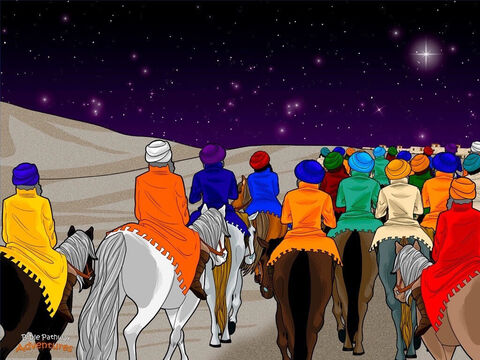Outside the palace, the Magi gazed up at the starry night sky. A bright star twinkled over Bethlehem, showing them the way. “Let’s keep following this great sign!” they said, excitedly. <br/>The Magi leaped on their horses and trotted through the city streets out into the open countryside. They could hardly wait to see the long-awaited Messiah. <br/>Shepherds in the fields stared wide-eyed as the Magi passed by. “Why are the Parthians here?” they asked each another. The fierce-looking soldiers made them nervous. “Have they come to see the young boy, Yeshua?” – Slide 14
