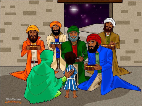 The Magi followed the star until it appeared over a house in Bethlehem where young Yeshua was staying. Leaping off their horses, they rushed inside to see Him. “Praise God; this is indeed the Messiah,” they said. <br/>The Magi fell to their knees and worshipped Yeshua with all their heart. Then with trembling hands, they opened their bags and handed him precious gifts of gold, frankincense, and myrrh. <br/>But the Magi didn’t stay long. God had warned them not to return to King Herod. Before he could find them, the Magi sped back to Parthia as fast as their horses could gallop. – Slide 15