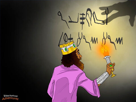 Yah was not happy with King Belshazzar’s bad behavior. He did not want the gold and silver cups from His Temple used to mock Him. While the people were eating and singing, the fingers of a human hand suddenly appeared from nowhere and wrote four strange words on the wall near the king. <br/>The king stopped drinking, the princes stopped singing, and the musicians stopped playing their instruments. <br/>Snatching a lamp from the table, King Belshazzar strode over to the wall and peered at the strange words. His face grew pale and his knees began to knock with fear. “What does the writing say?” he shouted to his officials. “Fetch the Magi so they can tell me what these words mean.” – Slide 6