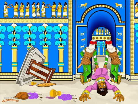 Quickly, King Belshazzar summoned Daniel to the palace. “Tell me what the writing says and I will give you many gifts and make you a ruler in my kingdom.” <br/>Daniel bowed before the king. “Your Majesty, I do not want your gifts. But I will tell you what the words mean.” He looked carefully at the writing on the wall. “It says ‘Mene, Mene, Tekel, Upharsin,’ which means God is not pleased with how you live your life. He is about to give your kingdom to the king of Persia, and you will soon die.” <br/>That very night the Persian soldiers waded through the river, crept under the city walls, and invaded the city of Babylon. Hearing the Persian soldiers in the palace, the king scrambled under a table to hide. But the soldiers grabbed him and killed him, just as Yah had warned. – Slide 8