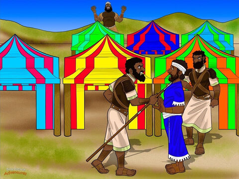 The soldiers told David all about Goliath’s challenge. Then, they told him what Saul had promised to the man who killed Goliath. “The king will give you his daughter to marry and will treat your family well,” they said. David smiled. He liked the sound of the king’s reward. <br/>At that moment, David’s brother Eliab stepped forward. “Why are you here, you wimp?” he said. He poked David in the chest with his spear. “You should be taking care of the sheep. You’re not a warrior. You’ve only come to watch the fighting!” <br/>“What have I done now?” asked David. He turned back to the soldiers. “I only asked a question.” He ignored his older brother and continued talking with the men. In his heart, he wanted to help save the people of Israel from the Philistines. – Slide 11