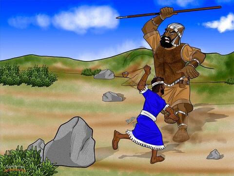 Goliath had heard enough. Lifting his spear a little higher, he stomped toward David. Clouds of dust rose with each step the giant made, but David wasn’t afraid. He took a stone from his bag, put it in his sling, and swung it three times above his head. Whoosh! Whoosh! Whoosh! <br/>David aimed the stone at the giant. It whizzed through the air like a rocket and smacked Goliath in the middle of his huge, hairy forehead. Goliath stumbled forward and crashed to the ground with a thud. <br/>The Philistine soldiers stared at David in amazement. They couldn’t believe the young shepherd had overpowered their great giant. David had beaten the mighty Philistine with just a sling and a stone! – Slide 15