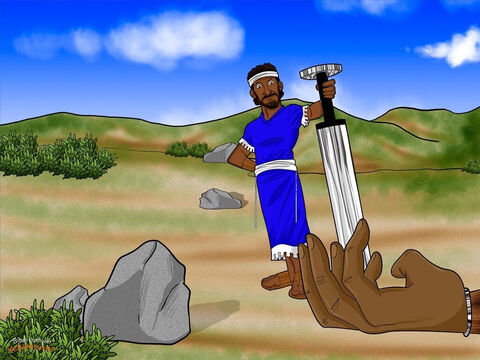 David ran over to Goliath. “Now do you believe me?” he said. He pulled out the giant’s sword and chopped off his head. The Israelite army let out a cheer. “Yah has given Goliath into our hands!” they shouted. <br/>When the Philistines saw their hero was dead, they turned and ran away as fast as they could. But the Israelites didn’t let them escape so easily. They picked up their weapons and chased the Philistine soldiers all the way back to their homes. – Slide 16