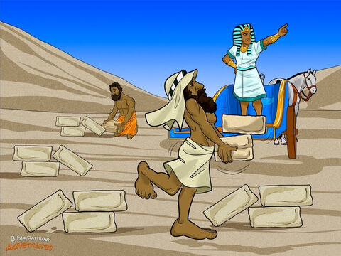 When the Hebrew people first came to Egypt, they had an easy life. Joseph, son of their leader Jacob, was a good friend of the Pharaoh. But after he died, other Pharaohs who didn’t like the Hebrews began to rule the land. The Pharaohs made the Hebrews work harder and harder, and the Hebrews cried out to Yah* to save them. <br/>“Yahweh* please don’t forget your people. Save us from this evil Pharaoh!” <br/>Even though it didn’t seem like it, Yah, the God of Abraham, Isaac, and Jacob, had everything figured out. He hadn’t forgotten His promise with Abraham to make the Hebrew people a great nation. Although Yah allowed them to be taken into slavery, He also had a plan to free them. His plan included a baby called Moses, who would one day grow up to lead the Hebrew people out of Egypt. <br/>* Did you know that Yah and Yahweh are Hebrew names for God? – Slide 1