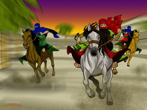 King Ahasuerus quickly agreed to save the Hebrews lives. He made a new law giving them permission to fight back against their enemies. Messengers riding fast horses delivered copies of the law to every province in the kingdom. <br/>When the Hebrews heard about the new law, they were filled with joy. They threw a big party and had a holiday to celebrate. And later that year, on the day they were meant to be killed, the very opposite happened. The Hebrews gathered together in towns and cities and destroyed their enemies. <br/>To celebrate this victory, Esther and Mordecai sent letters to all the Hebrews in the kingdom, telling them to always remember this time when they defeated their enemies. Yah* had used the queen of Persia to save His people. <br/>(*Did you know that Yah is the Hebrew name for God?) – Slide 16