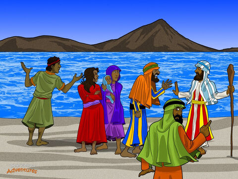 When the Hebrews reached the Red Sea, God said to Moses, “Tell the people to camp here. I have hardened Pharaoh’s heart so his army will come after you. But I will deal with his soldiers. The Egyptians will then know that I am Yah.” <br/>Soon, the Egyptian army appeared in the distance. The Hebrews became worried. They said to Moses, “Why have you brought us into the desert to die?” Trapped between the waters of the Red Sea and the Egyptian army, they moaned, “Didn’t we tell you to let us stay in Egypt? We were better off as slaves!” <br/>“Don’t be so scared,” said Moses. “God will save us from Pharaoh. You’ll never see the Egyptians again, so calm down and be quiet.” As Moses spoke, a cloud appeared between the Egyptian army and the trapped Hebrews. It became as dark as night for the Egyptians but it was as light as day for the Hebrews. Pharaoh and his soldiers could not see a thing! – Slide 2