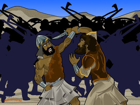 Moses led the Hebrews through the desert to a place called Rephidim and set up camp. It didn’t take long for the people to start grumbling again. “Moses, we have nothing to drink.” Moses sighed and stared at the sky. “God, these people are ready to stone me. What can I do?”  <br/>“Strike a rock with the staff,” said God. “Water will come out for everyone to drink.” Moses obeyed God, and fresh water gushed from the rock. <br/>But the Hebrews’ problems were not over. Soon, the bloodthirsty Amalekites appeared on the horizon. When they saw the Hebrews, they said, “It’s time to conquer Egypt!” They sharpened their knives, ready for battle.  <br/>Joshua picked the strongest men he could find and led them into battle. As long as Moses held up his arms, the Hebrews won; but when he put down his arms, the Amalekites started winning. When Moses arms grew tired, Aaron and Hur stood beside him and held his arms above his head. With God on their side, the Hebrews fought their enemies and won, and the Amalekites disappeared into the desert. – Slide 6