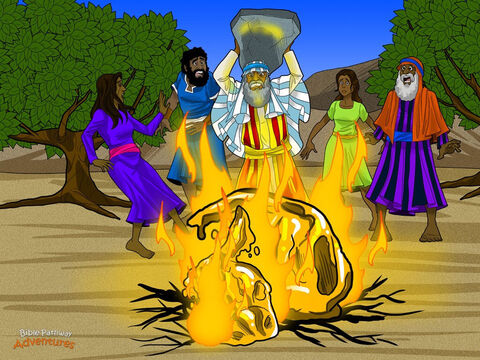 But Moses still wasn’t happy with the Israelites’ behaviour. Tucking the stone tablets under his arms, he raced down the mountain back to the camp. When he saw the people worshiping a false god, he threw the tablets on the ground, smashing them into tiny pieces.  <br/>“Why did you make this calf?” he asked Aaron. Aaron hung his head in shame. “You know what the people are like. The people became afraid so I took their gold and threw it in the fire, and out came this calf…” Moses ordered the calf to be melted down and ground into powder. Then, pouring the powder into the water, he ordered everyone to drink it to punish them for what they had done. <br/>Moses pleaded with God to spare the people. But God still punished them for making the calf. He sent a plague to remind the Israelites that He was angry. Then with His own finger, God wrote His Words on a new set of stone tablets. – Slide 12