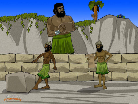 The Israelites continued their journey through the wilderness. As they neared the land of Canaan, God said to Moses, “Send twelve men out to explore this land I have promised you.” <br/>Moses chose a spy from each of the twelve tribes of Israel, including two men named Caleb and Joshua. “I want to know what Canaan looks like,” Moses told the men. “Are the people strong? What kind of cities do they live in? If you dare, take some fruit from their vineyards, then come back and tell me everything!” <br/>For forty days the spies explored the mighty land of Canaan. But they were in for a big surprise. There were fearsome giants as tall as cedar trees. The men had never seen such enormous people! Trembling with fear, they raced back to the camp as fast as their wobbly legs could carry them. – Slide 16
