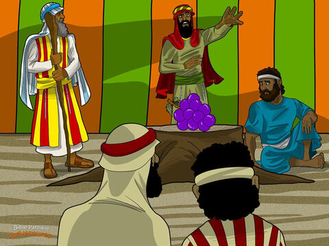 Back at the camp the spies waved a giant bunch of grapes in front of Moses. “The land really does flow with milk and honey. But the men are fierce. We even saw the bloodthirsty Amalekites! There’s no way we can live there.”  <br/>Caleb and Joshua, who were much braver than the other men, spoke up. “What are you talking about? The land is amazing. Let’s go and conquer it now!” <br/>“We can’t attack those people,” said the frightened men. “Did you see the giants? They’re much bigger and stronger than we are. We looked like grasshoppers compared to them. Are you crazy?”  <br/>Caleb and Joshua had great faith in God and pleaded with the Israelites. “We’ve got nothing to worry about. God is on our side. He’ll give us the land He has promised.” – Slide 17