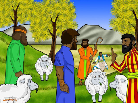 Although Jacob and his family lived in tents, Jacob was a wealthy man. He owned great flocks of sheep and goats, and many camels and donkeys. Every day his family worked hard in the fields and took care of the animals. <br/>One day, the brothers took their father’s sheep to graze in fields far away. After Jacob had not seen them for many days, he said to Joseph, “Go to your brothers and see if they are keeping out of trouble.” Joseph quickly obeyed his father. He threw on his beautiful coat and set out to find his brothers. <br/>When the brothers saw Joseph in the distance, one of them said, “Here comes the dreamer. Let’s kill him and say a wild animal ate him.” The other brothers nodded. “There is no one around. Who will know what we have done?” But Reuben, who secretly hoped to rescue Joseph later, shook his head. “No, don’t kill him. Let’s throw him into a well instead.” – Slide 3