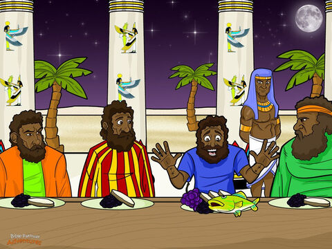 Joseph’s brothers set out for Egypt again, this time with Benjamin. They took many gifts for the governor, including double the amount of money to pay back what was hidden in their sacks. <br/>When Joseph saw Benjamin with his brothers, he let Simeon out of prison and invited everyone to eat with him. “Prepare a huge feast,” he said to his servants. “These men will eat with me tonight.” The brothers looked nervously at each other. “Why is the governor inviting us to a meal? Perhaps he put the money in our sacks so he can steal our donkeys and make us slaves.” <br/>The men had nothing to fear. That night, Joseph held a feast for his brothers. But something unusual happened at the meal. He seated them at the table from oldest to the youngest, and served Benjamin five times more food than the others. “How does he know our ages?” they whispered. “And why has he given Benjamin more food?” – Slide 14
