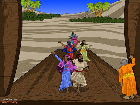 Yah said to Noah, “Take every kind of food into the Ark for you and the animals.” Noah did exactly what Yah said. He collected dried fruit, vegetables, and fish for his family, and grain and hay for the animals. Noah’s wife had been preparing meals for years, so she knew they had plenty to eat! <br/>“Now,” said Yah. “Take your entire family inside the Ark and get ready. I will gather the animals and bring them to you.” Noah’s family looked nervously at each other. What had Yah planned next? They quietly picked up their belongings and carried them into the Ark. <br/>And Noah waited for the animals to arrive. – Slide 7