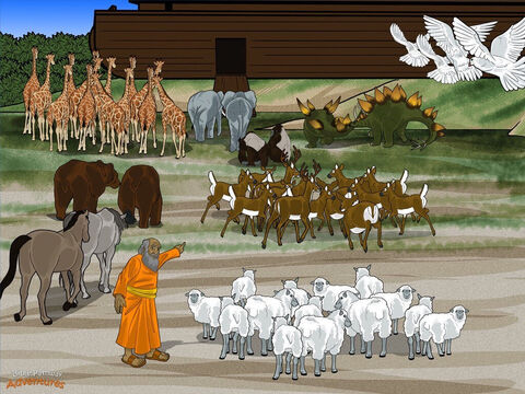 Soon, thousands of animals gathered in front of the Ark, pushing and shoving each other for position. They roared, growled, squawked, and grunted. Imagine how noisy it was! <br/>Noah’s mouth dropped open. There were so many strange animals he’d never seen before. “Where do I start?” cried Noah as he buried his face in his hands. He was very thankful for Yah’s help. <br/>“Take seven pairs from every kind of clean bird and animal,” said Yah. “From every kind of unclean animal, only take one pair. After seven days, I am going to send water on the earth for forty days and forty nights.” – Slide 8