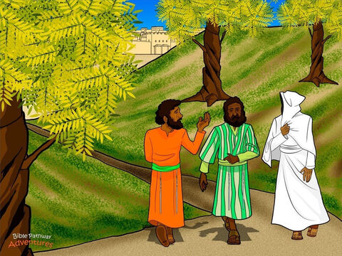 That same day, two disciples left Jerusalem for a village called Emmaus. As they walked along the road, the men talked about all the strange and amazing things that had happened during the Passover. <br/>A stranger soon joined them on the road. “Why are you sad?” He asked. The disciples stopped. “Have you not heard about the death of the great teacher Yeshua? He taught many people about God’s Kingdom. We believed He would set us free from our Roman rulers, but the religious leaders demanded that He be put to death.” <br/>The stranger shook His head. “You foolish ones. It is written in the Scriptures that the Messiah will die for His people’s sin.” Then using the words of Moses and the prophets, He explained how and why the Messiah had to die. The disciple’s hearts filled with joy. <br/>When they reached Emmaus, the two disciples invited the stranger in for a meal. As He blessed the food, they recognized that the stranger was Yeshua. But in an instant, He disappeared. The disciples nearly jumped out of their skin with excitement! They raced back to Jerusalem to tell the other disciples that the Master had risen from the dead. – Slide 12