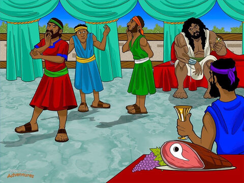 Later that week in Timnah, the wedding celebrations began. Samson’s father-in-law invited thirty young men to join them. The musicians thumped their drums and the guests danced and ate until they were full. <br/> To pass time, Samson told them a riddle. “Va yomer lahem me ha ochel yatsa maachal, u me az yatsa matok,” which meant, “Out of the eater came food, out of the strong came sweetness.” <br/> “If you can solve the riddle,” said Samson, “I will give you thirty sets of fine clothes. If you cannot solve it, you must give me thirty sets of clothing.” <br/> For three days, the young men tried to solve the riddle. But no matter how hard they tried, they could not find the answer. Glaring at Samson’s bride, they said, “This Israelite is making us look like fools. Get us the answer, or we will burn down your father’s house and you in it.” – Slide 5