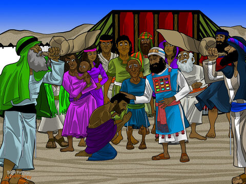 Nathan wasted no time. He put Solomon on a donkey and took him to Gihon Spring. There, Solomon knelt down before the people. The high priest took a horn of olive oil and poured it over Solomon’s head. “You are now the next king of Israel,” he said.  <br/>The Israelites clapped and cheered, and the shofars blared. “Long live King Solomon! Long live the king!” they sang. They followed Solomon into the city, playing their instruments and shouting for joy. <br/>The news about Solomon spread quickly across Jerusalem. In no time, it had reached the ears of Adonijah’s friends. Their faces turned pale and their knees knocked with fear. They had cheered for the wrong king! Adonijah was scared, too. Solomon might kill him for what he had done. But he had nothing to worry about. Solomon had mercy on him and let him live. – Slide 2