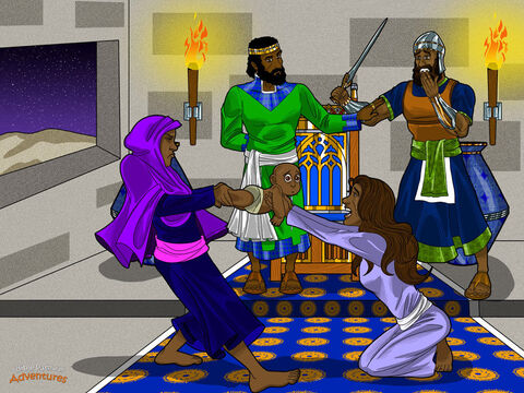 King Solomon became known everywhere for his great wisdom. One day, two mothers came to his palace with a problem. The first said, “This woman and I live in the same house. I had a baby boy and so did she. Her baby died and now she says my baby is hers.” <br/>“No!” shouted the other woman. “The living child is mine and the dead one is yours.” Solomon held up his hand to silence the women. He thought for a moment. “Cut the child in half with a sword,” he said. “Each of you may have half of the baby.” <br/>As Solomon’s servant reached for the sword, the real mother cried out. “Please don’t kill my child,” she said. “Give the baby to her.” The other woman said, “Don’t give the baby to either of us. Cut it in two!” Solomon stood to his feet. “Stop!” he said. “Don’t kill the baby.” He pointed to the first woman. “Give him to her. She is the real mother.” When the Israelites heard about Solomon’s wise decision, they greatly respected the king. They saw he had the wisdom of God to make good decisions. – Slide 6