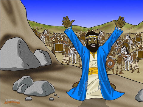 Many years passed, and Samuel grew old and weak. When he died, all the Israelites gathered to bury him in his hometown of Ramah. Saul was sad, too. “Who will help me rule the people of Israel?” he said. He feared it wouldn’t be long before the Philistines attacked the Israelites again. <br/>Saul did not have to wait long. Once again the Philistines appeared in the distance, ready for battle. When Saul saw the huge Philistine army, his heart trembled with fear. There were even more soldiers and chariots than before. <br/>'What am I going to do?' cried Saul. He needed God’s help fast! He tried to talk to God, but God did not answer him – not by dreams, nor prophets, nor the High Priest. All he heard was silence. – Slide 5