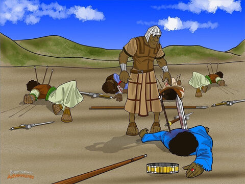 As Saul and his armour bearer scrambled up a steep cliff, a Philistine soldier shot him with his arrows. The king crashed to the ground with a mighty thud. THOOMP! <br/>Saul lay on his back and stared up at the sky. He knew the Israelites were no match for the mighty Philistines. Turning to his armour bearer, he said, ‘Kill me with your sword. If the Philistines capture me, they will torture me until I’m dead.’ The armour bearer shook his head. ‘No,’ he said. ‘I dare not kill the king of Israel.’ Saul could not wait any longer. Taking his own sword, he threw himself upon it. <br/>When his armour bearer saw that Saul was dead, he did the same thing and died with him. And so it happened that Saul and his three sons died that day, just as Samuel had said. – Slide 13