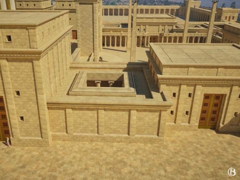 In the south-west corner was the ‘Chamber of the House of Oil’. This chamber served as a storage room for the olive oil used to light the menorah each day. Olive oil was also used in the preparation of various meal-offerings and for wine used in the libations on the mizbeach (altar). – Slide 3