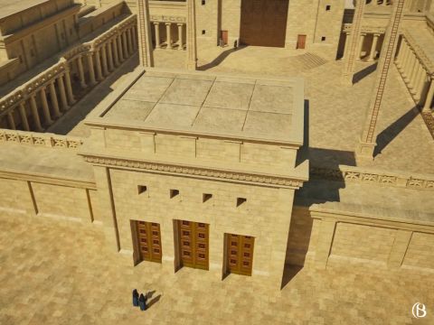 Between the ‘Chamber of the Nazarites’ and the ‘Chamber of the Woodshed’ was the east gate entrance through to the ‘Court of the Women’. – Slide 7
