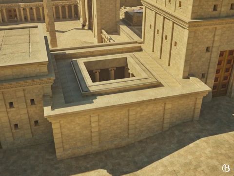 In the north-west corner was the ‘The Lepers Chamber’. It had a mikvah, a pool of natural water in which Israelites healed of ritually impure disfigurative conditions of the human skin known in Hebrew as tzar'at, gathered with their offerings on the eighth day of their purification process. The term tzar'at is frequently translated as leprosy but it is not what we would understand today as modern leprosy today (Hansens disease). <br/>After bathing Israelites reported to a priest at the Nicanor Gate to be anointed with the blood and oil from their offerings. They were  then declared clean of tzar'at. The ten healed of leprosy by Jesus were sent to report to the priest and would have performed this ritual (Matthew 8:4, Mark 1:44, Luke 5:14). – Slide 10
