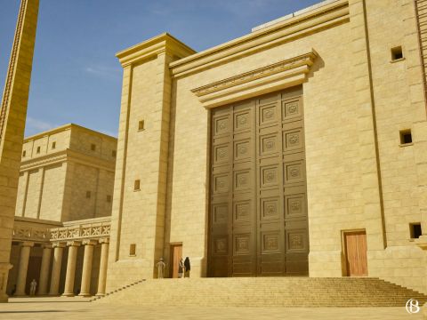 Two other chambers, the entrances of which were in the Court of the Women, were the two ‘Chambers of Musical Instruments’, which served as the storehouse for the Levites. The chambers themselves were not in the Court of Women but rather were dug beneath the floor of the Court of the Israelites, but the entrances to these chambers were within the Court of Women, on either side of the steps leading up to the Nicanor Gate. The dimensions of these chambers are unknown. – Slide 11