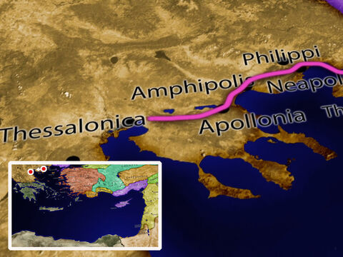 After meeting with the believers at Lydia’s house, Paul and Silas leave Luke behind in Philippi and travel along the Via Egnatia through Amphipolis and Apollonia to reach Thessalonica. Paul and Silas preach in the Jewish synagogue on three consecutive Sabbaths. But after facing opposition they are forced to escape from Thessalonica under the cover of night. – Slide 10