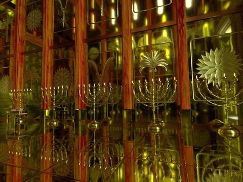 In the tabernacle there had been one 7 branched candle stick known as a ‘menorah’. In Solomon’s Temple there were 5 on each side of the Holy Place, making 10 in total. – Slide 7
