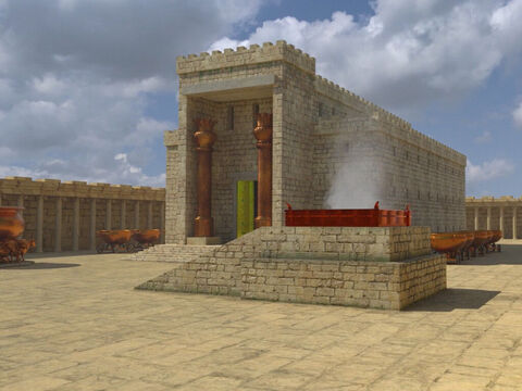 The most prominent object in the Temple-court was the altar of burnt offering, or brazen altar. It was 20 cubits (10m, 30 ft.) square with steps leading up to it. – Slide 11