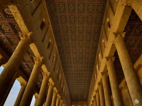 This is the decorated ceiling of the Royal Stoa. <br/>Historian Josephus calls Annas the high priest ‘a great hoarder up of money.’ The sons of Annas had bazaars (known in the Talmud as the hanuyot bney hanan) set up in the Royal Stoa and Court of the Gentiles for the purpose of money changing and the purchase of sacrificial animals. – Slide 4