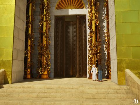Access to the Sanctuary was via 12 steps to the top of the Sanctuary foundation. At the top of the steps was the porch. The opening to the Temple was 20 cubits high and 10 cubits wide (10.5m x 5.25m, 34ft x 17ft). One set of doors was on the outside and another set was inside. Each door had folding halves so that when folded they fitted into recesses in the 6 cubit (3.1m,10.3ft) thick wall. – Slide 1