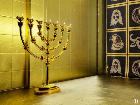 The golden candlestick (menorah), with its seven golden lamps, was on the south side of the Holy Place. It was made of gold beaten into shape by the workman’s hammer. The lamps were lit daily from fresh, consecrated olive oil and burned from evening until morning. They were lit from right to left. Wicks were created from the worn-out garments of the priests. – Slide 6