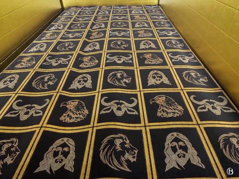 The Holy of Holies was screened from sight behind a huge veil (paroket). A mishnaic tract states, ‘Its length was 40 cubits (21m, 68.8ft).and its width 20 cubits (10.5m, 34.4ft)’. It was made by 82 young girls and it took 300 priests to wash it.’ However Jewish records (Yoma 5:1) indicate that although there was one veil it was looped in a way to create an outer and inner curtain with a space inbetween. Middot 4.7 refers to this ‘dividing space. Some argue there was one veil and after it was torn in two from the top to the bottom on the death of Jesus that it was replaced by a double veil to prevent this happening again. In this reconstruction the outer veil shows the imagery of the of the four creatures in Ezekiel 41. – Slide 9