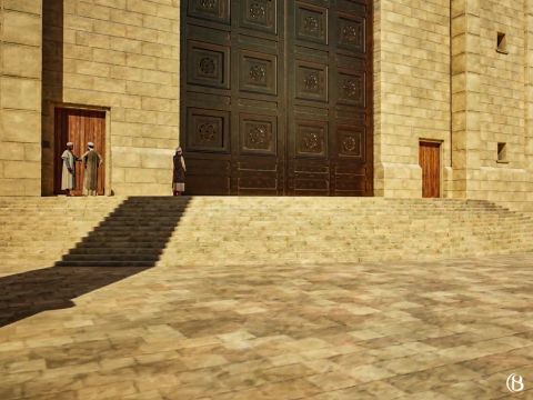 Although the Nicandor gate is sometimes called the ‘Beautiful gate’ it is not the gate mentioned in Acts 3:20. The most likely location of the ‘Beautiful gate’ is the Double Gate in the Southern wall. <br/>In front of the Nicanor Gate were 15 steps in a semi-circular shape described in Middot 2.5 as ‘rounded like half of a round threshing floor’. – Slide 2