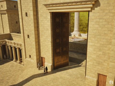 The heavy doors required twenty men to open them. The Nicanor Gate was opened only on the Sabbath, festivals, and Rosh Chodesh. If the king was present in the Temple, the doors were also opened in his honour. On all other days, the smaller gateways (to the left and right of Nicanor gate) were used. – Slide 7