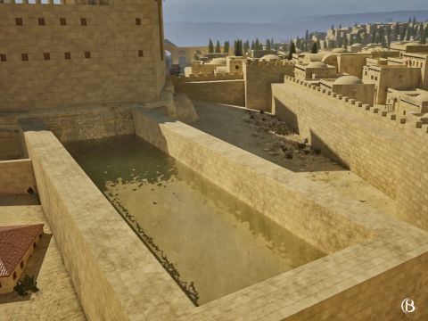 Adjacent to the fortress on the north-west corner was the Strouthion Pool that supplied the fortress with water. During the siege of Jerusalem in 70AD the Romans built a siege ramp in this pool to get access to the fortress and the Temple Mount. – Slide 3