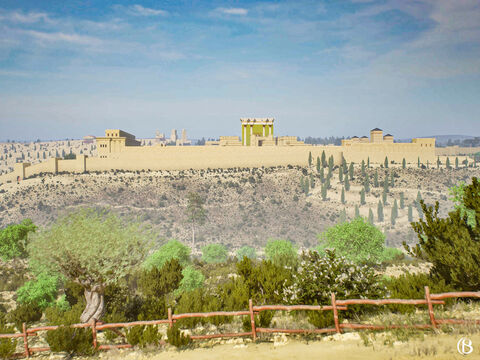 This is how the Temple in Jerusalem looked in the time of Jesus from the Mount of Olives. The historian Josephus wrote that the Temple, ‘appeared from a distance like a snow-clad mountain; for all that was not overlaid with gold was of purest white’. – Slide 1