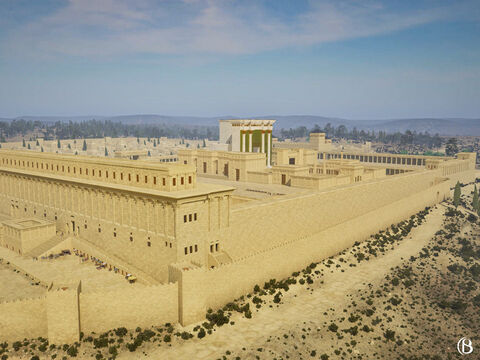 The East wall of the temple was 466m (1530ft) in length. The southern wall was 278m (914ft). The western wall was 485m (1590ft) and the northern wall extended 316m (1038ft). Some conclude that the high south-east corner of the temple is the pinnacle of the temple referred to in the temptation of Jesus. The drop from here is 137m (450ft) to the Kidron Valley below. – Slide 8