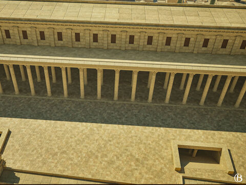 The exit from the Double gate to the Temple Mount was in front of the colonnade known as the Royal Stoa. This colonnade had four rows of Corinthian columns of white marble – a total of 162 columns. The ceilings were of carved wood. – Slide 19