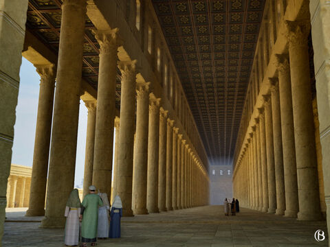 Josephus describes the Royal Stoa as having four rows of pillars, the inner row being interwoven against the back wall. It had 162 pillars and it would take three men with arms outstretched to reach around one column. The central hall was 240m (790ft) long, 35m (115ft) wide and 33m (108ft) tall. The Royal Stoa was the likely location of Jesus' cleansing of the Temple recounted in the New Testament. – Slide 9