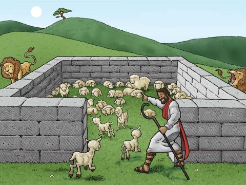 This is the good shepherd. <br/>He is bringing His sheep into the sheepfold where they will be safe. In the sheepfold the shepherd can save His sheep from all danger. – Slide 2