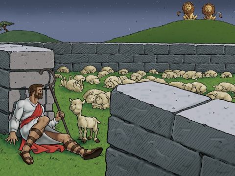 There is only one door into the sheepfold. At night the good shepherd sleeps in the door to keep all the sheep safe and happy. <br/>He is the door to the sheepfold. No one can enter into the sheepfold except by him. – Slide 3