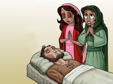 Lazarus became very sick. His sisters Mary and Martha knew Jesus could heal Lazarus. They sent for Him to come to their village. Jesus loved Mary, Martha and Lazarus, but He did not hurry to them. Instead, He waited where He was and Lazarus died. Jesus wanted to show His great power over life and death. – Slide 2