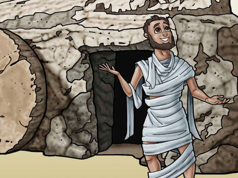 Jesus stood by the tomb and cried out with a loud voice, ‘Lazarus, come out!’ <br/>Though Lazarus had died, he came to life and walked out of his own tomb! <br/>Many believed in Jesus when they saw the power He had to heal even the dead! – Slide 6