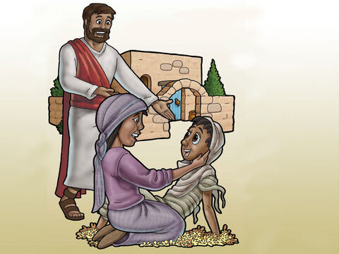 When Jesus was travelling through the city of Nain he raised a young man from the dead and presented him back to his mother. <br/>Many people saw Jesus do this miracle. Word quickly spread that Jesus was sent by God! – Slide 2